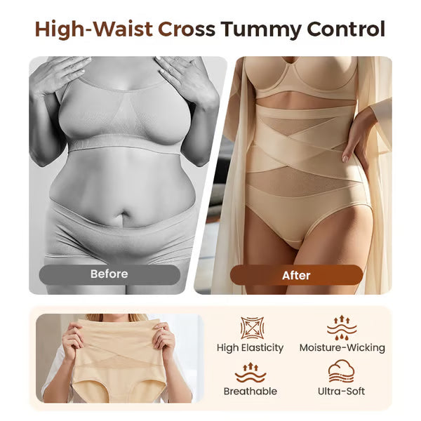 🌸  Special Price £16.99 ! 🔥Buy 1 Get 1 Free🎁Plus-Size High-Waist Cross Tummy Control Panties