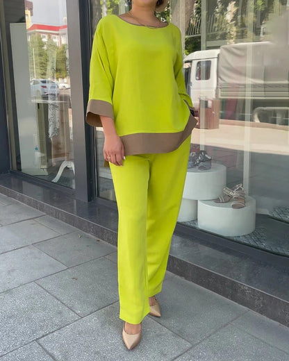 Soft Round Neck Top & Straight Leg Pants Set