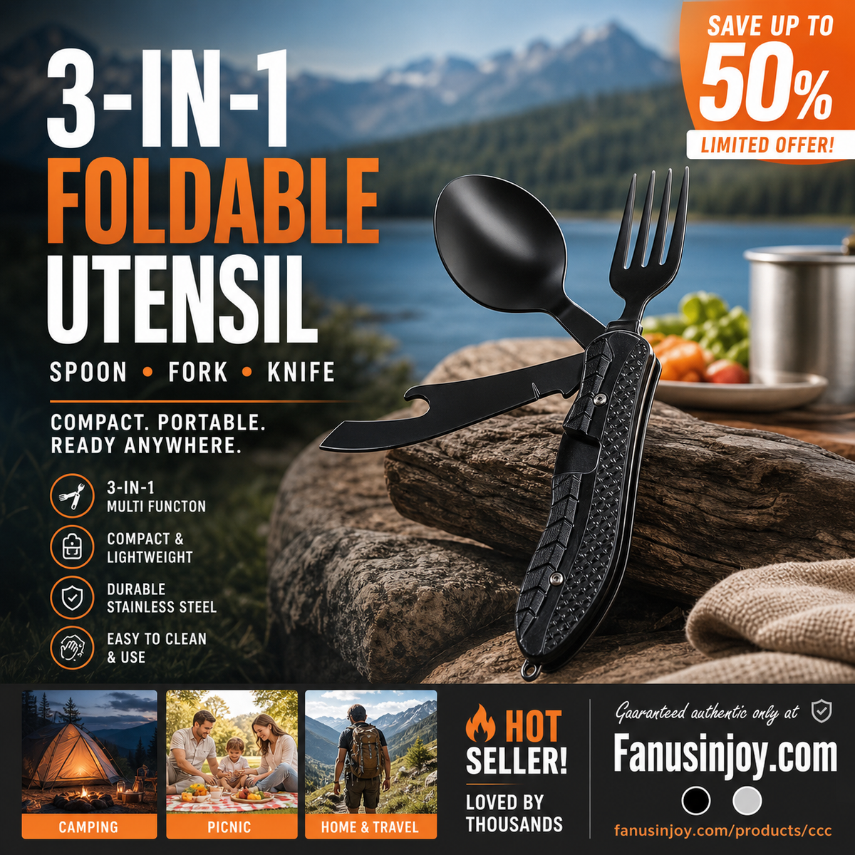 🏆 Special Price £12.99! 🍴Must-have for outdoor trips 🥄4-In-1 Outdoor Folding Multifunctional Tableware